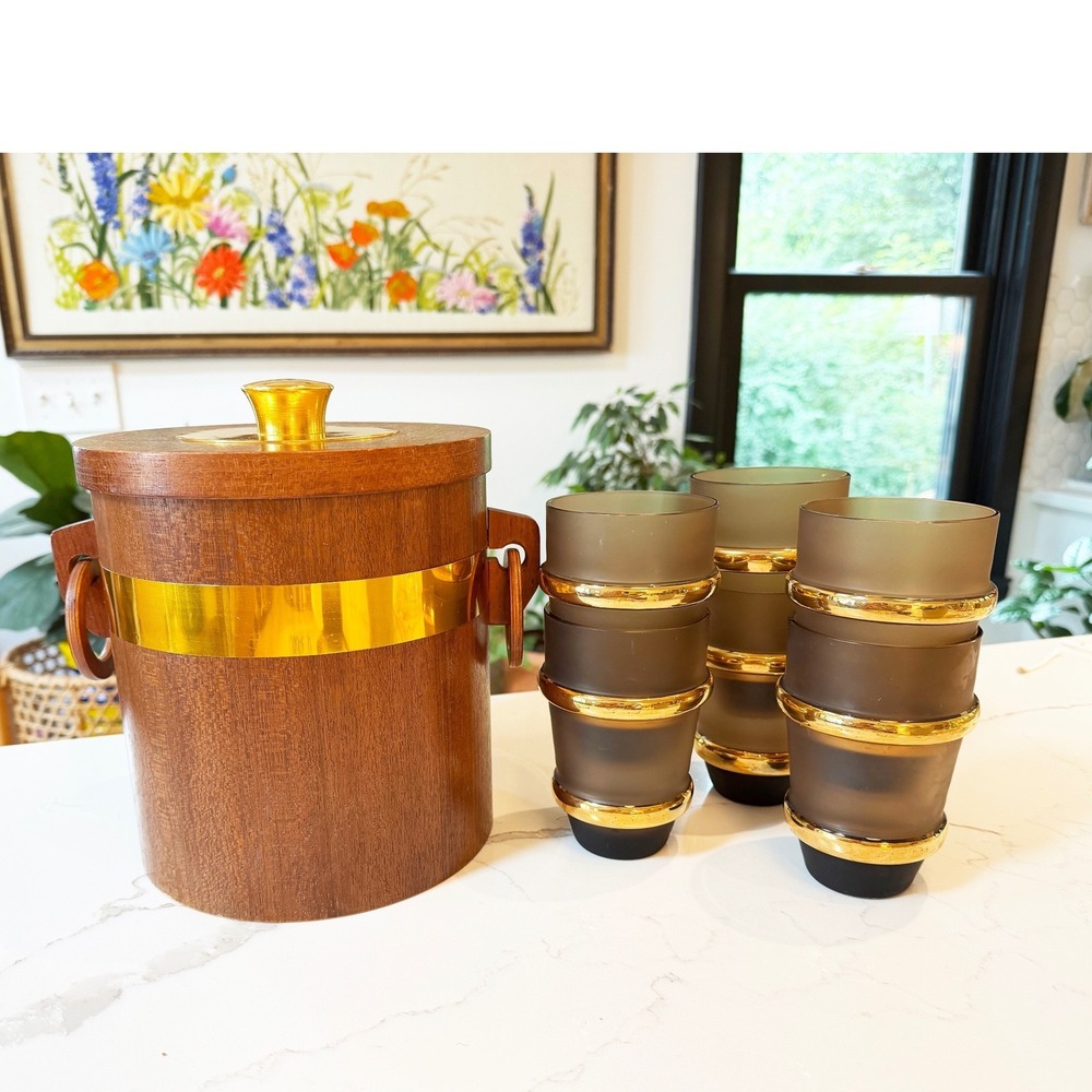 Culver Regency Frosted Gold Highball Glasses & Teak Wood Ice Bucket MCM Set